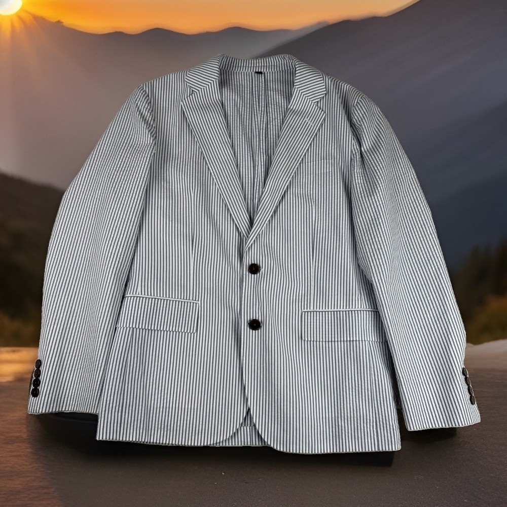 J Crew Thompson Mens Unstructured Seersucker Blazer 38S Blue White preppy derby
